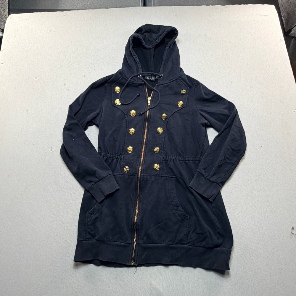 INC Hoodie Jacket Women Size Medium Navy Blue Excellent Military Gold Buttons
